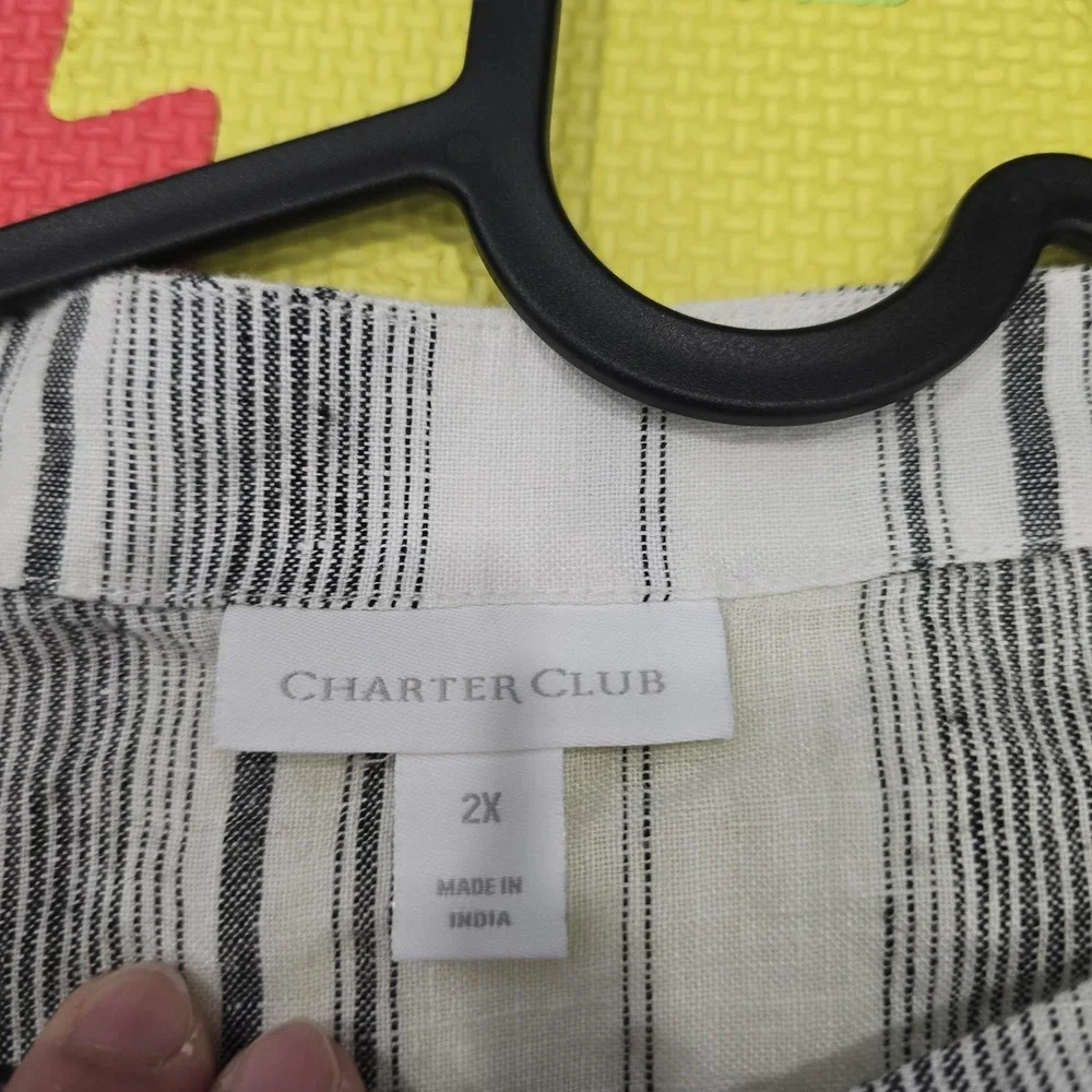 Charter Club Women's 2X Top‎ 100% Linen Striped Ruffle Bell Sleeve Boho Blouse